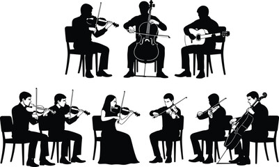 String ensemble silhouette illustration, classical music artwork, orchestra vector design, bold graphic icon, black white performance symbol © Sree