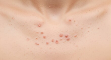 Fototapeta premium A close up view of a person's chest area showing multiple small red acne lesions and skin rash