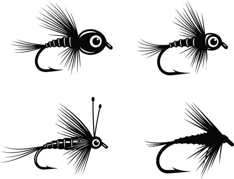 Fishing fly illustration set, artificial lure artwork, angling vector design, bold graphic icon, black white fishing symbol