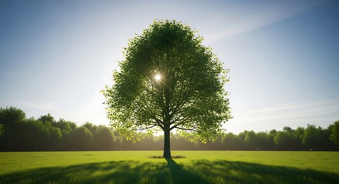 A lone tree standing in a green field at sunset