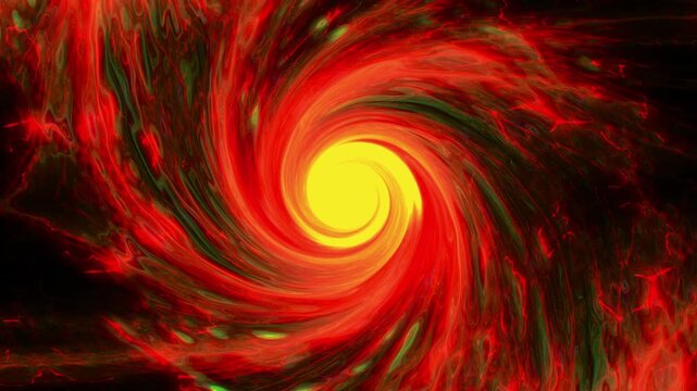 Vibrant swirls spin toward a glowing core. Fiery reds pulse through dark voids. Radiant yellow heart pulses with energy