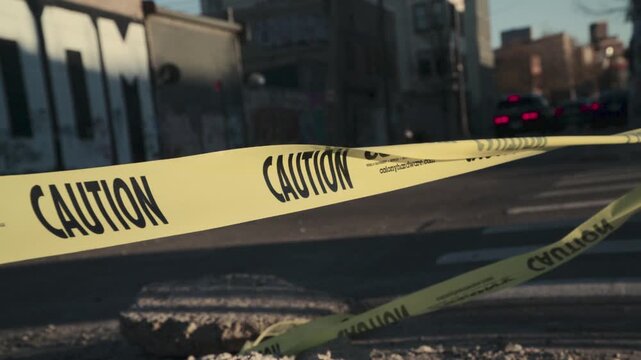 Slow motion shot of caution tape on a city street