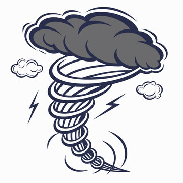 Dark gray tornado with clouds and lightning on white background storm weather