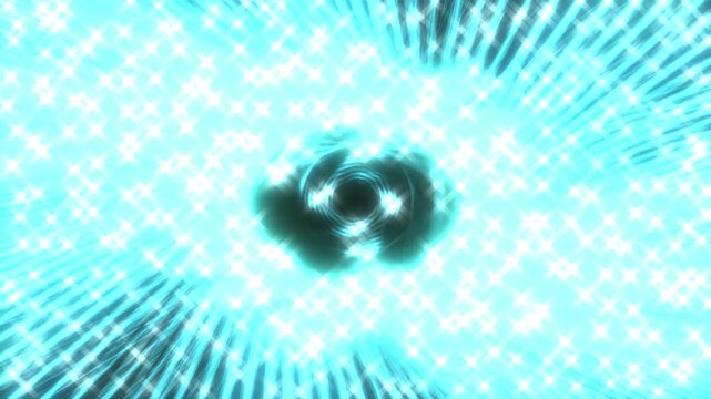 Abstract blue energy swirls outward in motion. Dark center pulses with light, drawing the eye inward