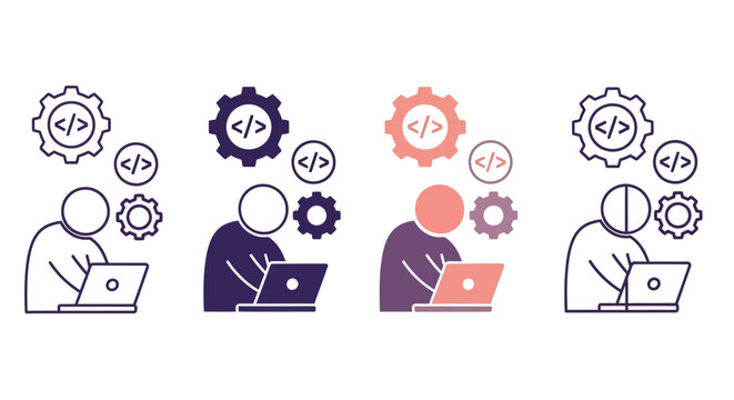 Modern vector illustration of a software developer coding on a laptop, with gears and programming symbols, representing the dynamic process of IT development and problem-solving