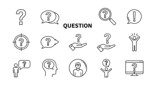 Comprehensive vector line icon collection illustrating concepts of questioning, problem-solving, thoughtful inquiry, and seeking solutions for effective communication
