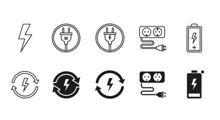 Comprehensive vector icon set showcasing essential energy concepts and power solutions, including electric plugs, charging batteries, and lightning bolt symbols, ideal for illustrating 