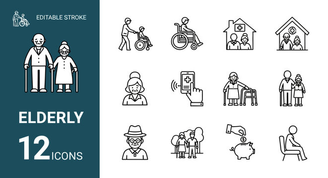 A comprehensive set of editable stroke line icons representing various aspects of elderly life, care, and support, ideal for health and social welfare designs