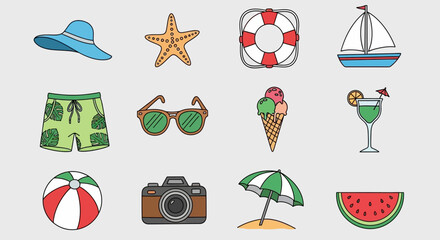 Collection of summer vacation and travel icons, including beachwear, sunglasses, ice cream, and a sailboat, perfect for travel and leisure themes © HUANG