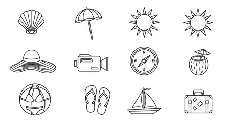 Collection of black and white outline illustrations representing essential summer vacation and beach travel elements. Perfect for web design, apps, or print projects with a holiday theme © HUANG