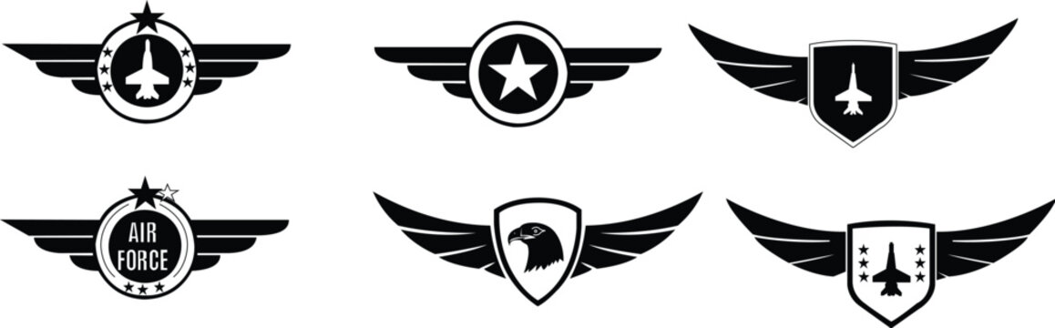 Air force logo with wings, shields and stars Military badges Army patches. Vector illustration