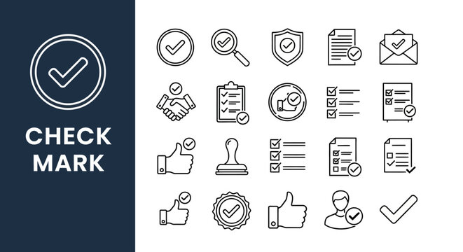 Set of diverse check mark, verification, and approval vector icons, perfect for representing validation, acceptance, and completed tasks in digital designs and business applications