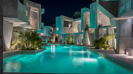 Fototapeta premium Modern architectural concrete villas at night with a vibrant turquoise swimming pool and lush tropical plants, serene and luxurious