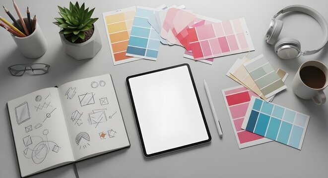 Creative designer workspace flat lay with tablet and color palette