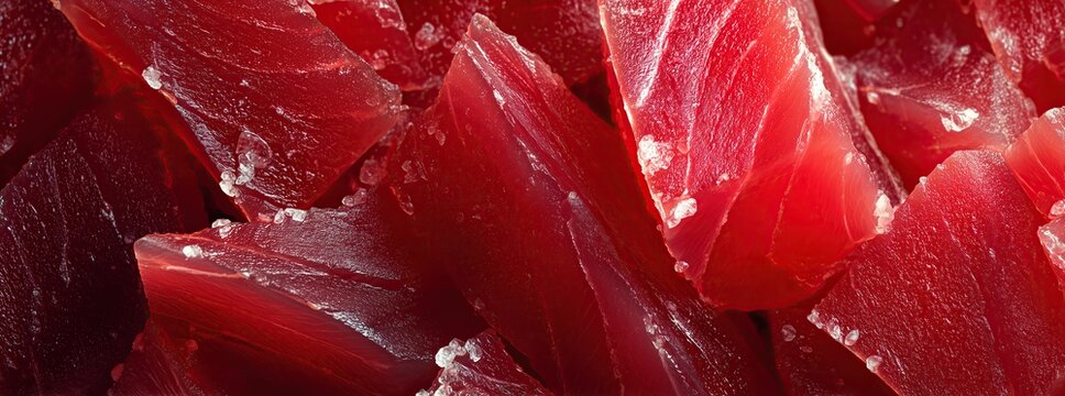 Close up fresh tuna muscle fibers. Panoramic banner 