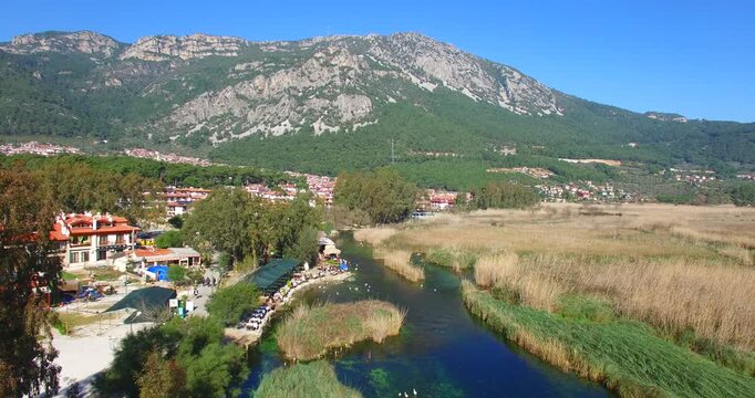 aerial footage of azmak river and akyaka summer time marmaris turkey