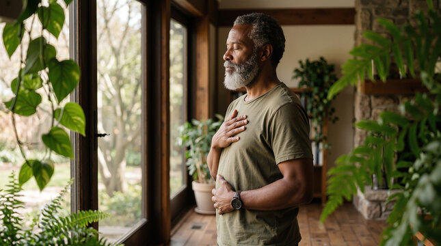 Mindful senior man practicing deep breathing exercises at home.