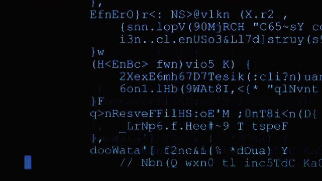 Hacker code on computer screen, suggesting programming, software development, cybersecurity and hacking; close-up pixelated terminal text and script evoke data, networks and digital technology.