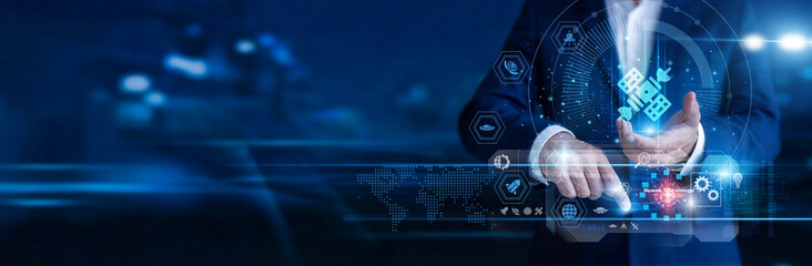 Scientist using modern interface satellite control and Space Technology icon customer network orbit monitoring data transmission exploration research innovation globally. Space advancement. © TechLens