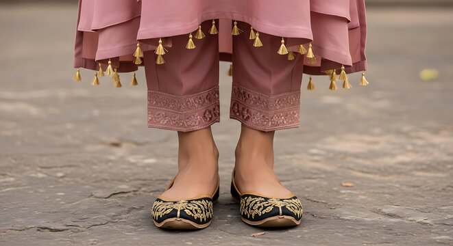 A close up of a woman wearing a dusty pink ethnic kurti with gold tassels and black jutti shoes