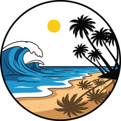 Obraz premium Vibrant Tropical Beach Wave Illustration with Palm Trees and Sunset Sun