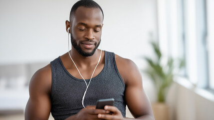 Naklejka premium Defocused man in activewear with earphones listening to calming audio on smartphone at home, healthy lifestyle, music and relaxation, wellness technology concept, with copy space