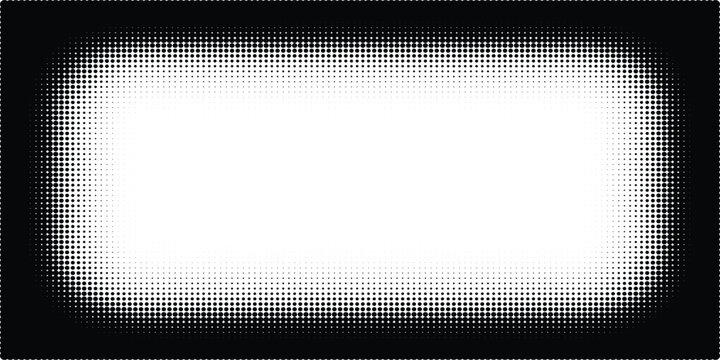 A rectangular frame featuring a black and white halftone dot gradient pattern on a clean background Vector