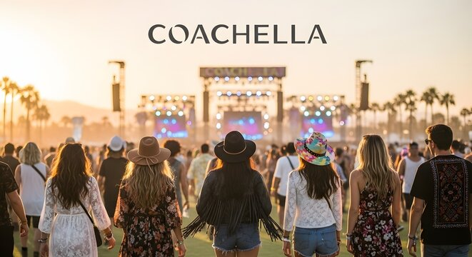 People walking towards festival stage at sunset during music event day