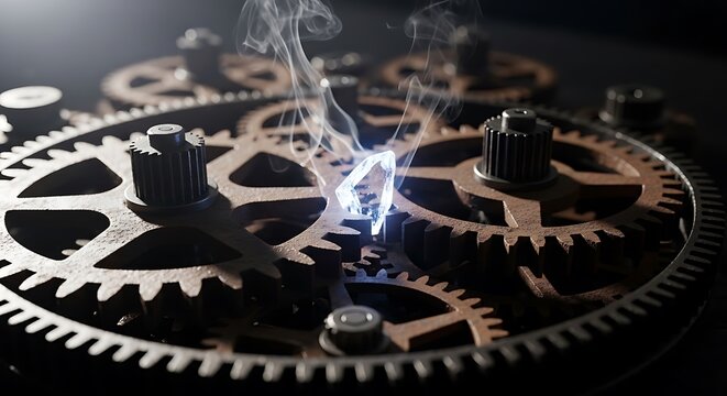 Sparking gears in mechanical clockwork with steam and lightning effect abstract 4k
