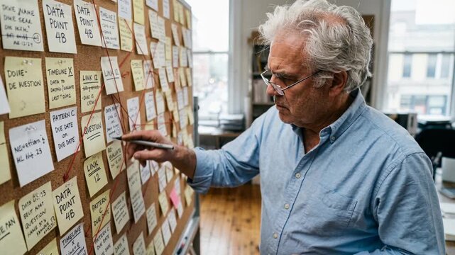 elderly man analyzing project management board with post-it notes in office setting