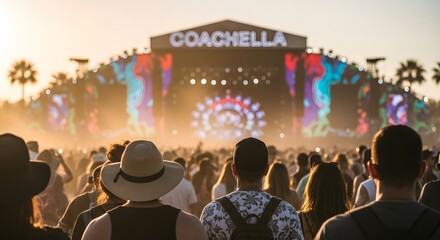 Fototapeta na wymiar Crowd of people at coachella festival watching live music performance