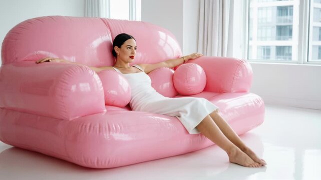 young woman relaxing on a large pink inflatable sofa in a modern bright apartment