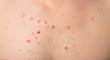 Fototapeta premium A close up view of an adult male chest showing signs of inflamed acne lesions and skin irritation