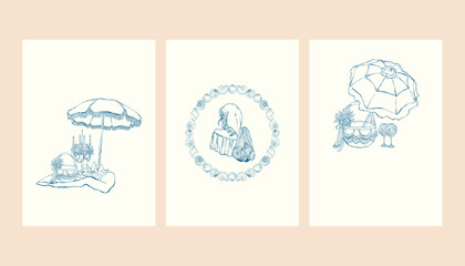 Set of summer beach card templates in a vintage line style. A collection of whimsical holiday posters in blue with space for text. Vector illustrations for weddings and parties in a coastal theme © Anastasiia