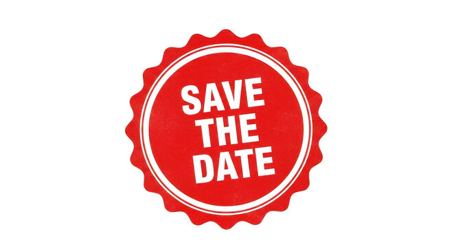 Red round stamp with text save the date for wedding invitation card isolated png