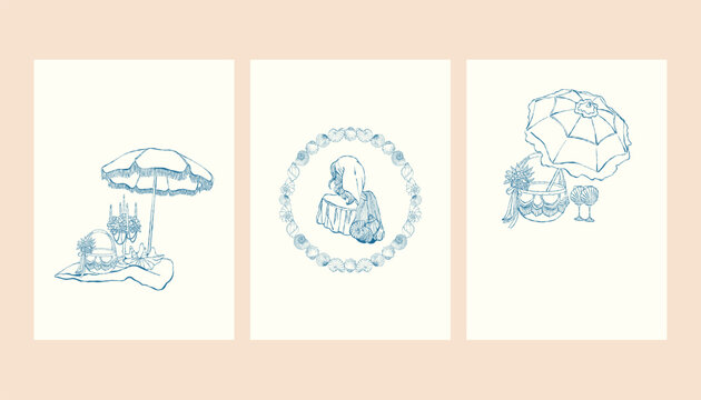 Set of summer beach card templates in a vintage line style. A collection of whimsical holiday posters in blue with space for text. Vector illustrations for weddings and parties in a coastal theme