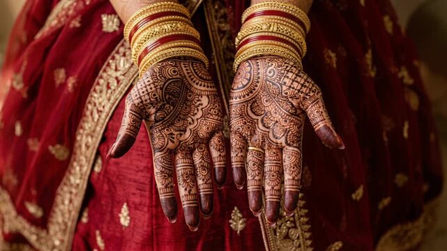 intricate henna designs on hands with traditional bangles during cultural celebration