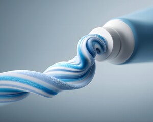 A close-up of a tube of toothpaste, showcasing a twist of creamy blue and white paste. Ideal for health, dental, and hygiene topics, conveying freshness and cleanliness.