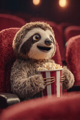 Obraz premium Cute Sloth Watching Movie with Popcorn – Generative AI