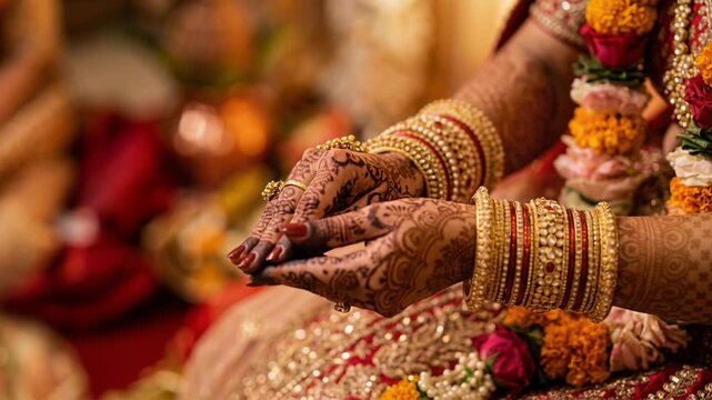 bride with intricate mehndi adjusting bangles during vibrant traditional wedding ceremony