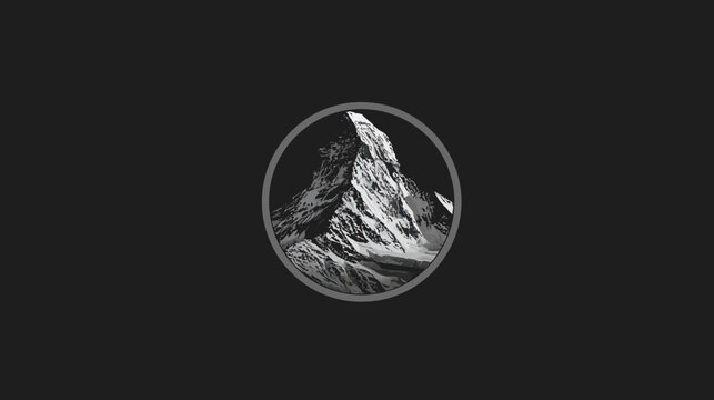Black and white illustration of a jagged mountain peak inside a gray circle against a dark backdrop