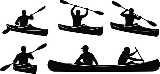 Kayak and canoe paddler silhouettes collection kayaking activity water sport adventure river paddling outdoor recreation vector illustration set