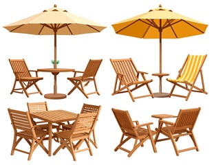 Outdoor furniture set. Tables, chairs and parasols. Patio setting, isolated on white backdrop, wooden texture
