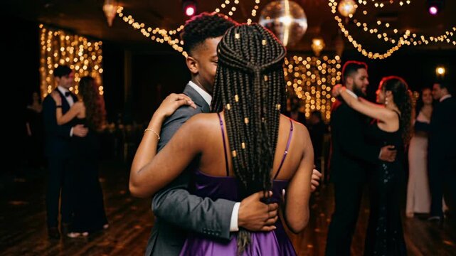 couple dancing romantically at indoor evening celebration with golden fairy lights