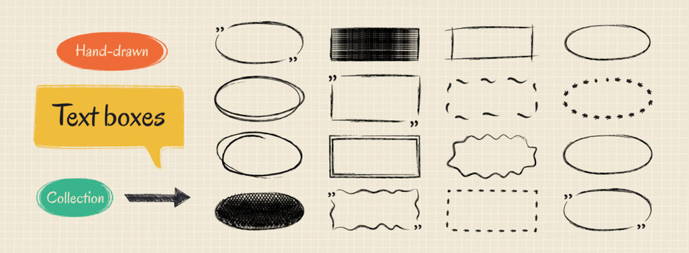 Hand-drawn crayon doodle text box collection.Rectangle, round shapes, pencil sketch texture. Vector drawing ink illustration. Grunge brush outline text boxes for notes- speech box, shapes, elements.