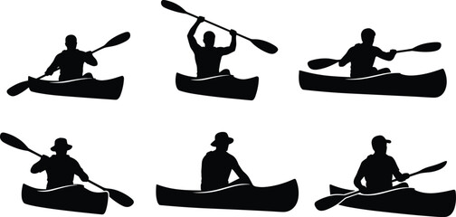Kayak and canoe paddler silhouettes set outdoor adventure kayaking activity river paddling sportsmen isolated vector illustration collection black water sport