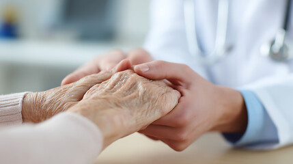 Naklejka premium Caring professional hold hands of elderly patient offering support, comfort, and compassion, showcasing medical care and human connection
