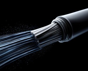 A high-resolution close-up of a fiber optic cable emitting bright light, showcasing the intricate details and textures of the cables against a dark background.