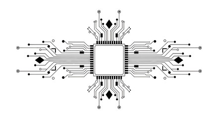 A stylized black and white illustration of a central processing unit with radiating circuit board lines and connection points, isolated on a transparent background