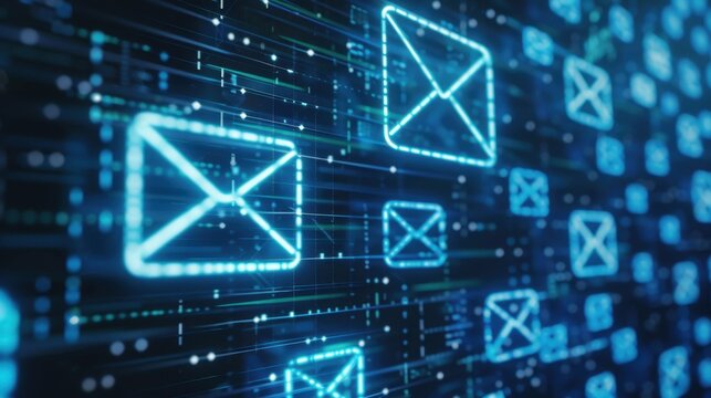 Digital email icons on a blue technology background